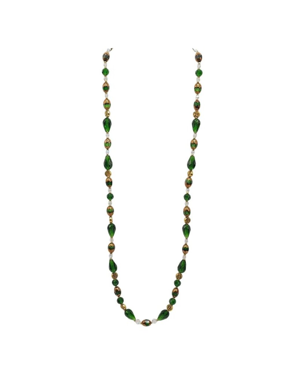 Vintage Green Chrysolite Crystal Beaded Necklace Gold Tone Accents Lobster Clasp